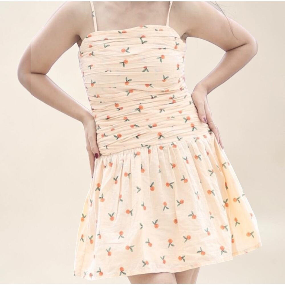 Japna Orange Fruit Print Smocked Ruched Mini Dress XL